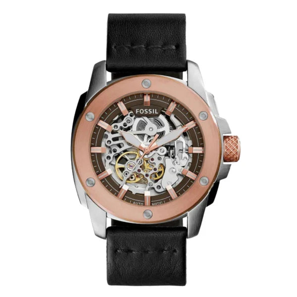 Fossil Modern Machine Black Leather Strap Skeleton Dial Automatic Watch for Gents - ME3082
