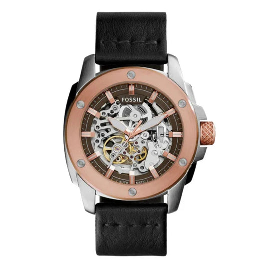 Fossil Modern Machine Black Leather Strap Skeleton Dial Automatic Watch for Gents - ME3082