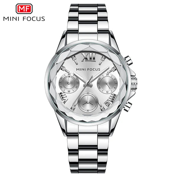Mini Focus Silver Stainless Steel Green Dial Chronograh Quartz Watch for Ladies - MF0466L-01